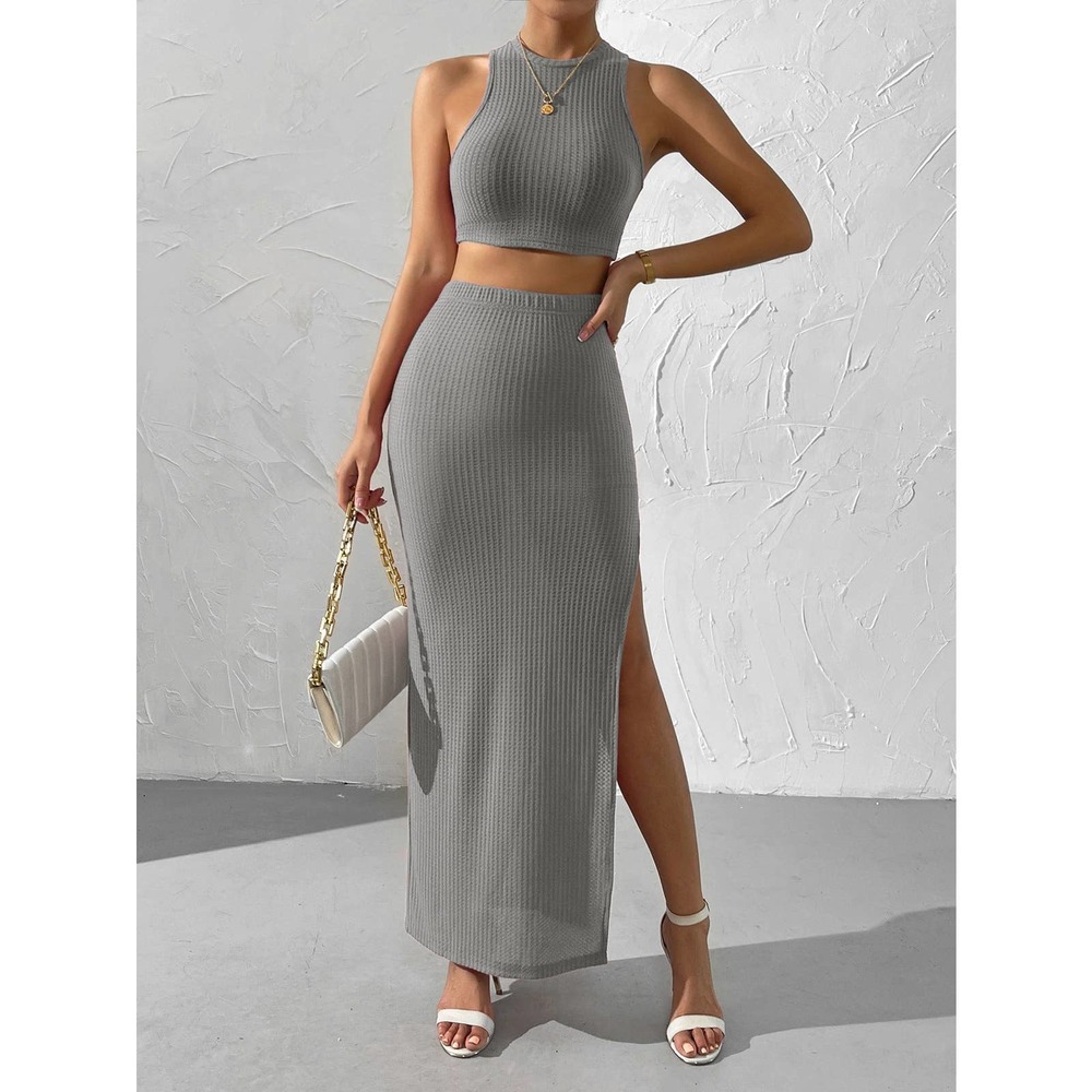 2 piece skirt set: Waffle Knit Crop Top & Split Thigh maxi Skirt - Picture 6 of 11